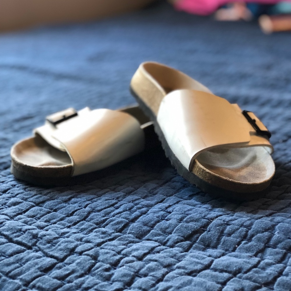 White Patent Birkenstocks Slides